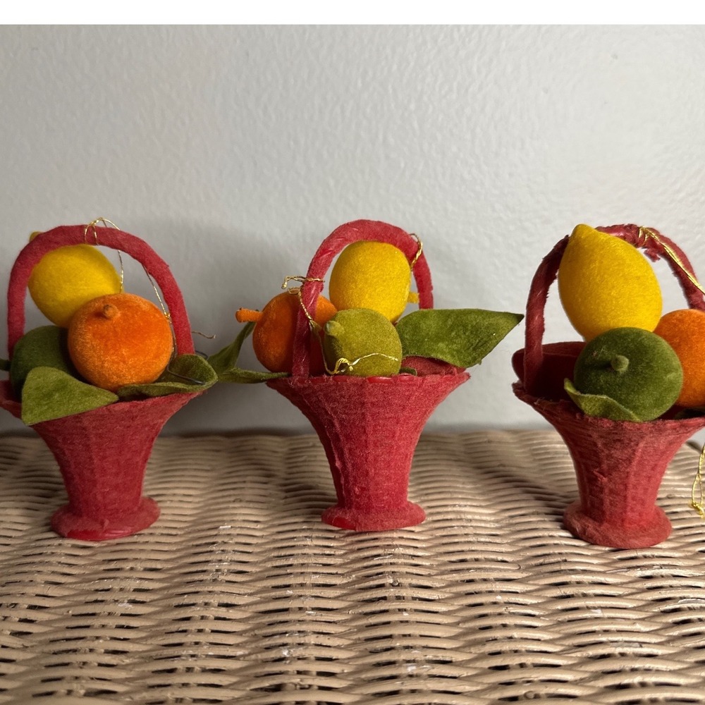 Vtg Double-Glo Flocked Basket w/Fruit Christmas Ornaments Set Of 3  4" Tall 60s